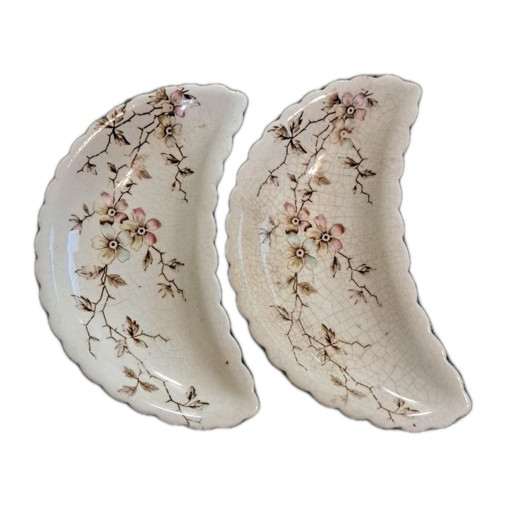 Lot 2 Vtg Wheelock China Store Crescent Shape Bone Trinket Dish Floral USA